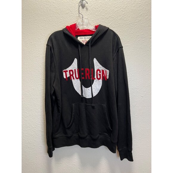True Religion Black Hoodie With Red Logo XL Mens Pullover Sweatshirt Cotton/Poly - Picture 1 of 5